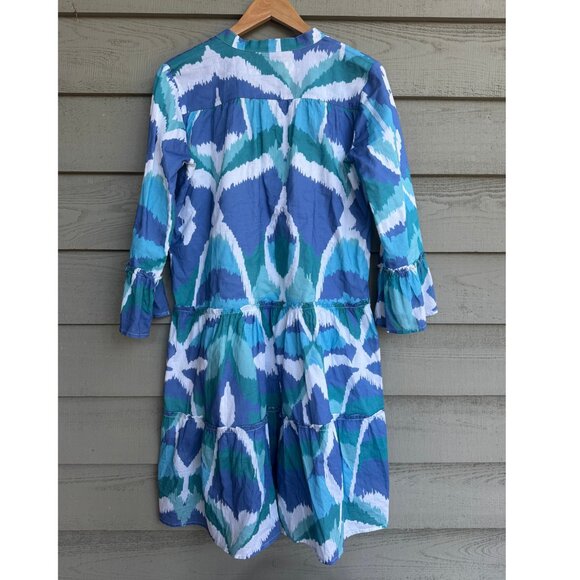 Sheridan French Blue Ikat Tiered Dress Sz M - Picture 2 of 10
